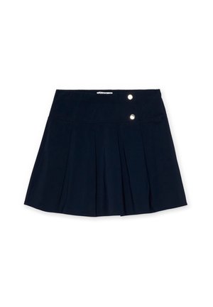 Falda plisada azul marino fabricada con un tejido de textura suave. Presenta una cintura ajustada y dos botones metálicos en la parte delantera.