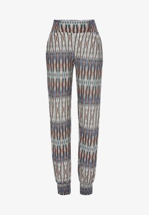 Gemusterte Jogginghose mit elastischem Bund; verfügt über ein geometrisches Muster in sanften Tönen von Blau, Braun und Grau; elastische Bündchen an den Knöcheln.