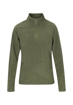 Groene fleece pullover met lange mouwen, hoge kraag en een halve rits. Zachte textuur, glad ontwerp en geen zichtbare patronen of hardware.