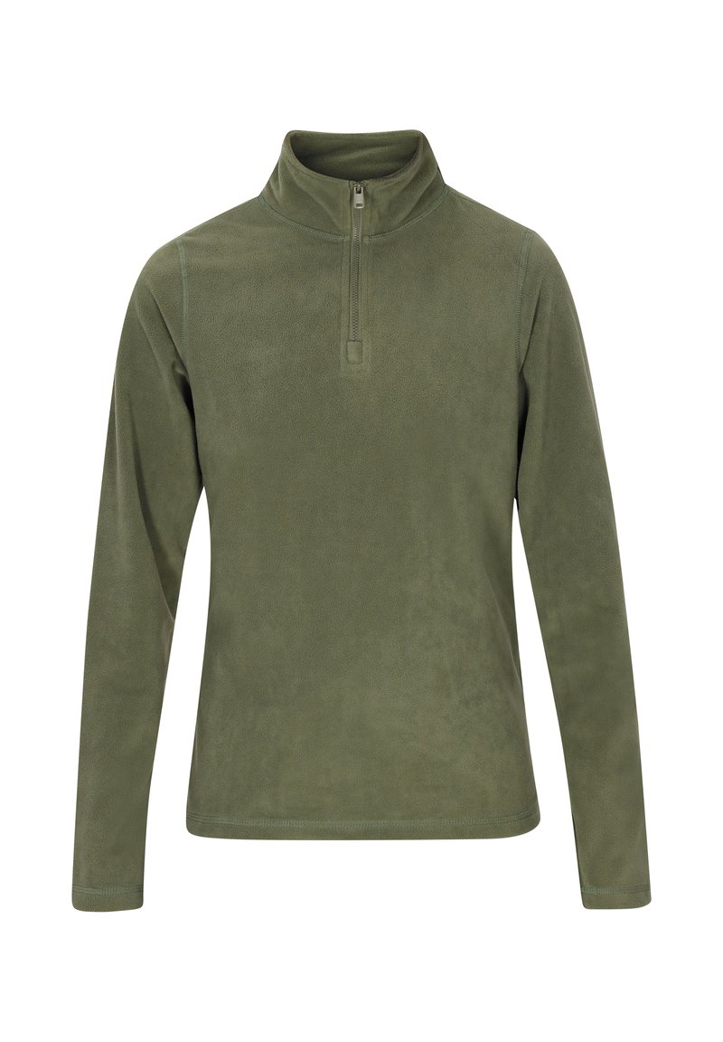 Grøn fleecepullover med lange ærmer, høj krave og halv lynlås. Blød tekstur, glat design og ingen synlige mønstre eller hardware.