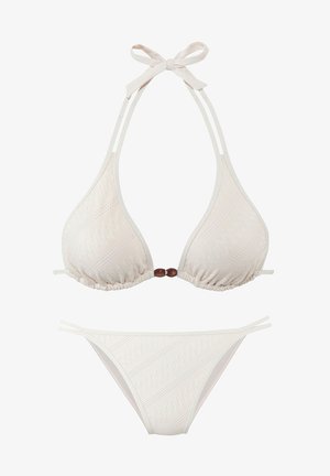 Bikini sæt i lys beige med et struktureret mønster, justerbare snore og en træperle som accent i midten af toppen.