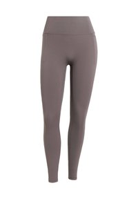 Braune Leggings mit hoher Taille aus dehnbarem Stoff, mit glatter Textur und seitlichen Taschen für mehr Komfort.