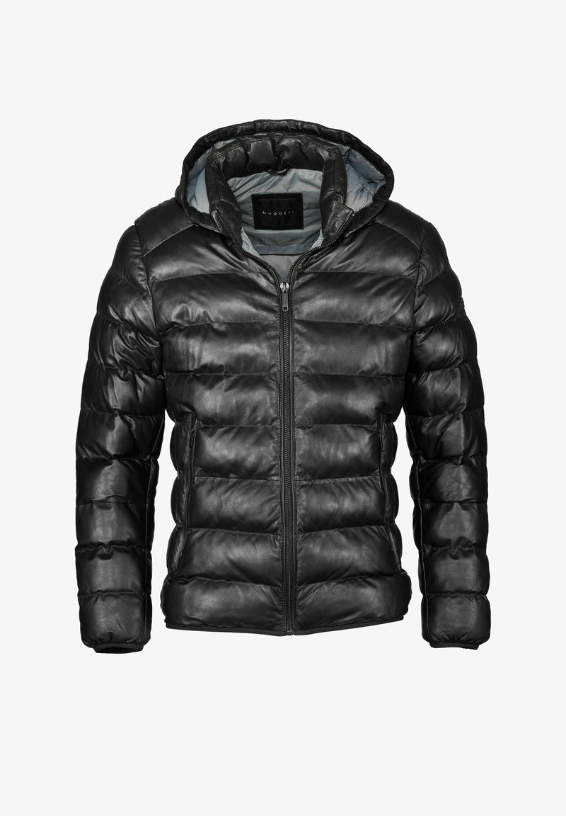 Črna usnjena napihnjena jakna s kapuco, z zadrgo spredaj, kvadratnim vzorcem in rebrastimi manšetami. Podložena s svetlo sivo tkanino.