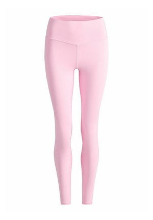 Hellrosa, nahtlose Leggings mit hoher Taille, schmaler Passform und sichtbaren Steppnähten auf der Vorderseite.
