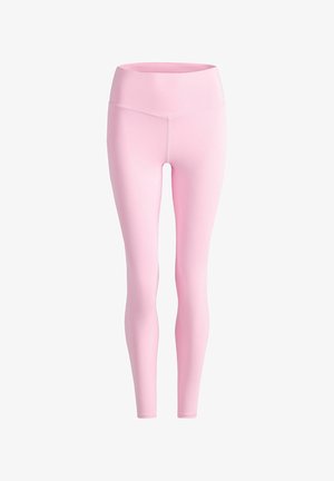 Hellrosa, nahtlose Leggings mit hoher Taille, schmaler Passform und sichtbaren Steppnähten auf der Vorderseite.