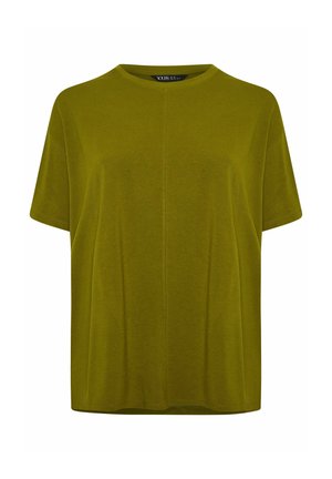 Oliwkowy t-shirt z krótkim rękawem, okrągłym dekoltem, miękką teksturą, prostym krojem i subtelnymi szwami z przodu.