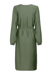 Robes vert olive en tissu léger. Dotée de manches bouffantes longues, d'une taille cintrée et d'un ourlet au genou. Texture lisse et design simple.