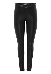 Pantalones de piel sintética negra con un diseño ajustado, detalles con cremallera en los tobillos y una cintura con cierre de botón. Textura suave en toda su superficie.