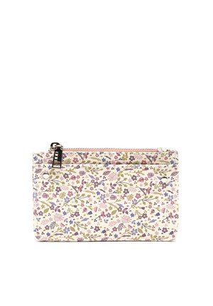 Rectangular zippered pouch with small pink, purple, and green floral pattern on a white background and a black zipper pull.