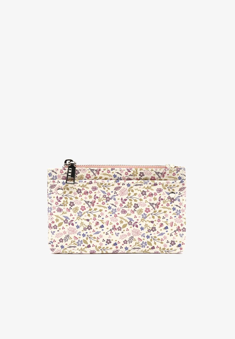 Ristkülikukujuline tõmblukuga kott, valgel taustal väikese roosa, lilla ja rohelise lillemustriga ning musta tõmbluku tõmburiga.