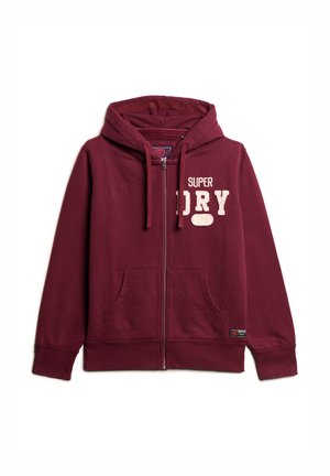 Burgunderfarbener Reißverschluss-Hoodie aus weichem Baumwollstoff. Verfügt über Taschen auf der Vorderseite, eine Kapuze mit Kordelzug und das Logo "SUPER DRY" in Off-White.