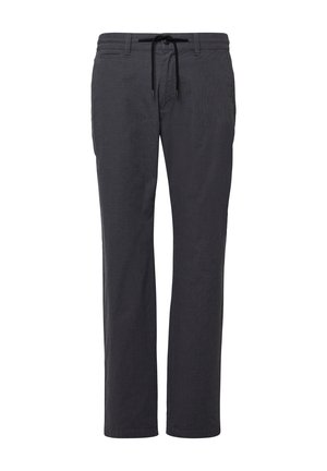 Pantaloni dritti grigio scuro con passanti per cintura, chiusura a bottone e zip, tasche laterali e cordino nero in vita.