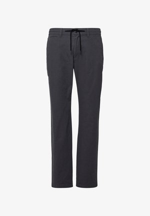 Donkergrijze rechte broek met riemlussen, knoop- en ritssluiting, zijzakken en een zwarte trekkoord aan de taille.