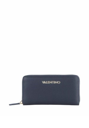 Portefeuille en cuir bleu marine Valentino avec fermeture éclair tout autour, logo doré centré sur le devant et tirette assortie bleu marine.