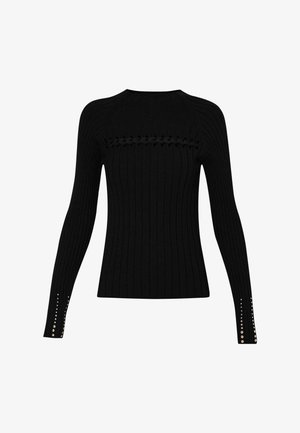 Maglione a coste nere con maniche lunghe, caratterizzato da una fascia testurizzata sul petto e dettagli in oro con borchie sui polsini.