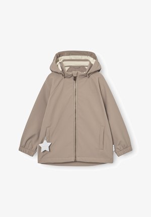 Svijetlosmeđa dječja jakna s kapuljačom, prednjim patentnim zatvaračem, elastičnim manžetama, bočnim džepovima i bijelim privjeskom u obliku zvijezde.
