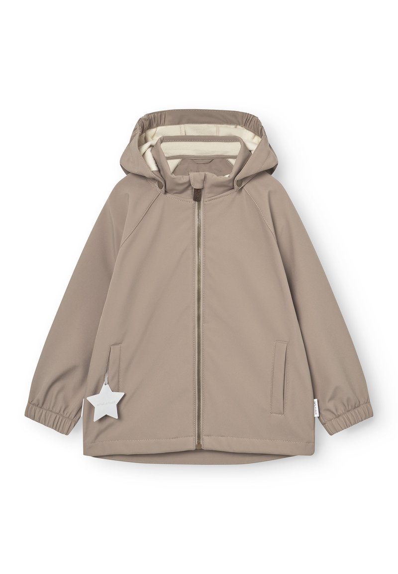 Ανοιχτό καφέ παιδικό μπουφάν με κουκούλα, εμπρός φερμουάρ, ελαστικά μανίκια, πλαϊνές τσέπες και λευκό μπρελόκ σε σχήμα αστεριού προσαρτημένο.