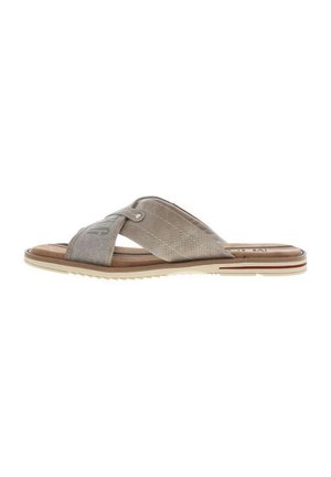 Tan and beige slide sandal with cross-strap design, textured fabric and smooth leather elements, cushioned footbed, and ridged sole.