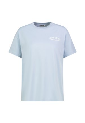 Hellblaues T-Shirt mit kurzen Ärmeln und Rundhalsausschnitt, mit kleinem weißem Text auf der Brust: "Healthy and Tasty That's what I love!"