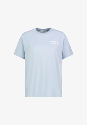 Hellblaues T-Shirt mit kurzen Ärmeln und Rundhalsausschnitt, mit kleinem weißem Text auf der Brust: "Healthy and Tasty That's what I love!"