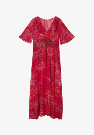 Abito lungo rosso a fiori con scollatura a V profonda, maniche corte svasate e corpetto aderente. Tessuto leggero con motivo misto.