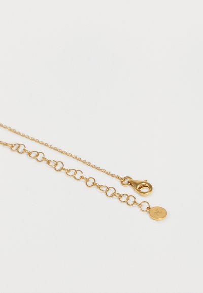 Χρυσό κολιέ με αλυσίδα, κούμπωμα τύπου αστακού και μικρό στρογγυλό ταμπελάκι με χαραγμένο λογότυπο σε λευκό φόντο.