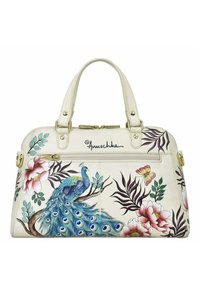 Weiße Lederhandtasche mit detaillierten Pfau- und Blumenmotiven. Verfügt über zwei Tragegriffe und einen Reißverschluss oben mit goldfarbenen Beschlägen.