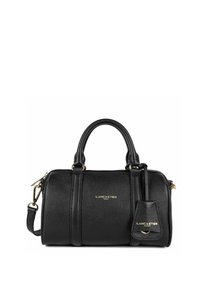 Sac à main en cuir noir avec finition texturée, doubles poignées, bandoulière amovible et détails en logo doré. Comprend une petite étiquette assortie.
