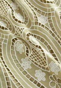 Tissu en dentelle brodée crème présentant des motifs floraux sur un fond kaki clair, avec une surface texturée et des designs découpés complexes.