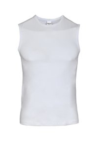 Witte mouwloze katoenen tanktop met een ronde hals, gladde textuur en zonder zichtbare patronen of graphics. Label op het halsgebied.