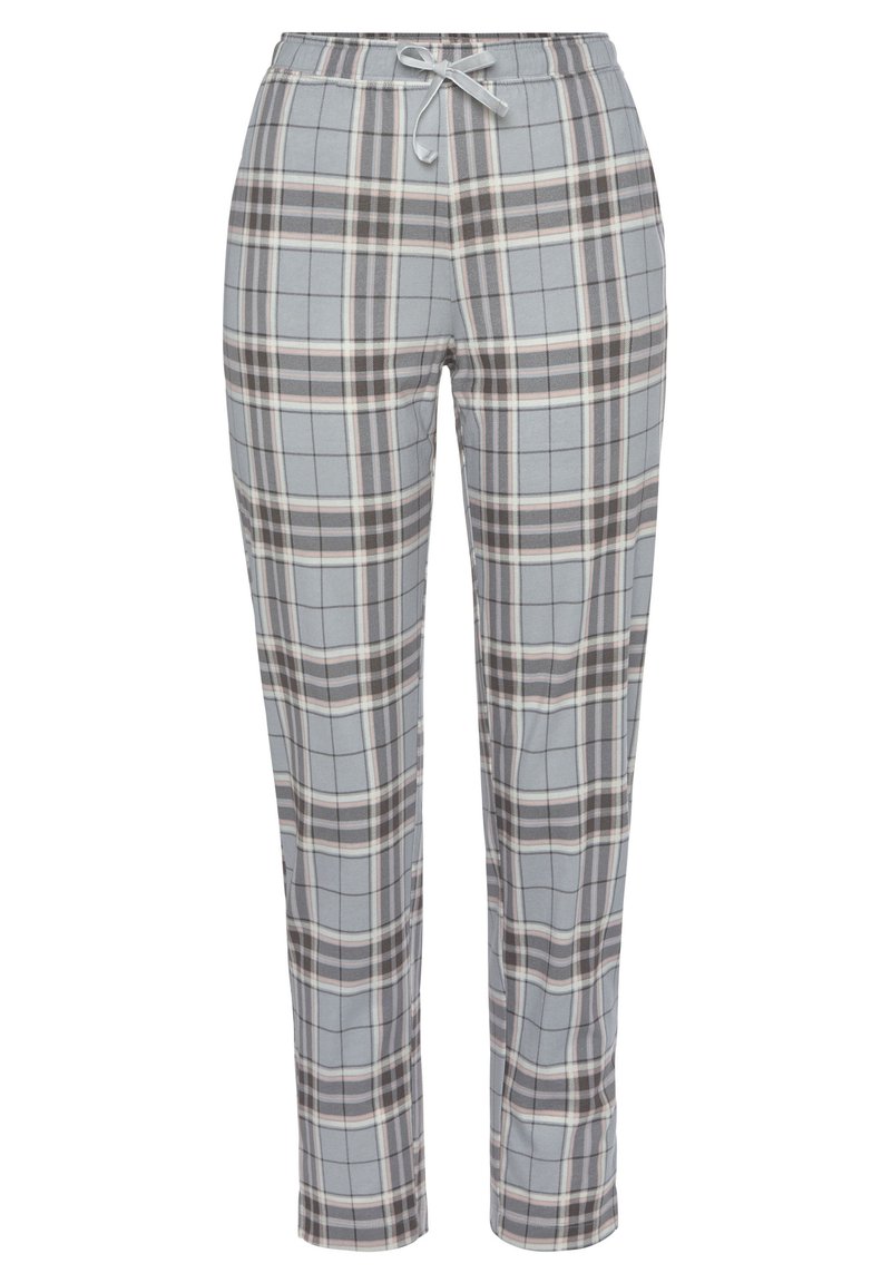 Grau karierte Hose aus weichem Material, mit einem Kordelzugbund, gerader Beinform und kontrastierenden weißen und dunklen Streifen.