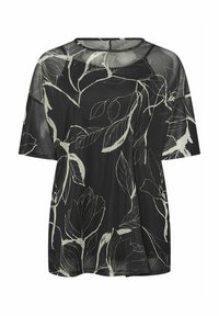 Top nero trasparente con maniche corte, caratterizzato da un motivo botanico a foglia bianca, scollatura rotonda e vestibilità ampia. Tessuto leggero e texture liscia.