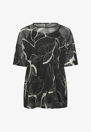 Schwarzes, durchscheinendes Oberteil mit kurzen Ärmeln, das ein weißes botanisches Blattmuster aufweist, einen runden Ausschnitt hat und locker sitzt. Leichter Stoff und glatte Textur.