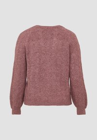 Strickpullover in staubrosa mit einem strukturierten Muster, langen Puffärmeln, rundem Ausschnitt und geripptem Saum. Sichtbare dekorative Stickdetails.