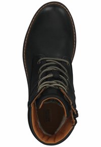 Black leather lace-up boot with metal eyelets, contrasting stitching, warm tan lining, and a round toe design.