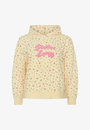 Sweat à capuche jaune clair avec un petit motif floral rose et un texte rose vif "Positive Energy" centré sur la poitrine.