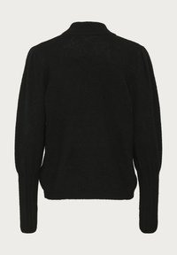 Pull en tricot noir avec col haut, manches ballon et poignets côtelés. Texture douce, dos sans coutures et sans fermetures visibles.