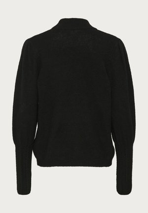 Must mustriga kõrge kaelusega, õhupallilaadsete varrukatega ja soonikdate mansettidega must villane kampsun. Pehme tekstuur, sujuv seljaosa, ilma nähtavate kinnitusteta.