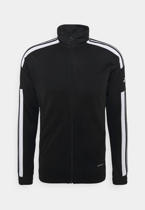 Czarna sportowa kurtka na pełny zamek z białymi pasami na ramionach i rękawach, wysokim kołnierzem oraz małym logo na lewym rękawie i dolnej części z przodu.