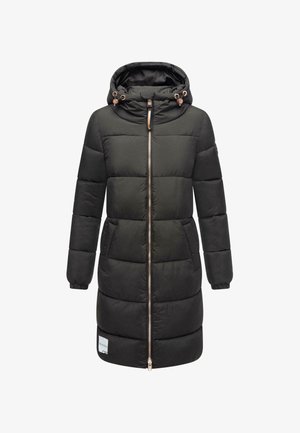 Zwarte pufferjas met capuchon, ritssluiting aan de voorkant, elastische manchetten en zijzakken. Horizontaal gestikte ontwerp met een gladde textuur.