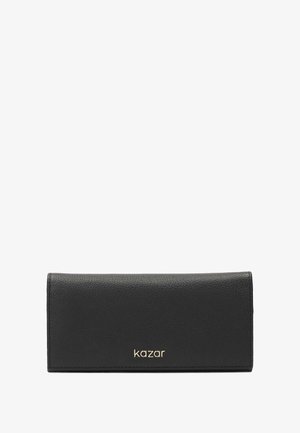 Black leather wallet with a textured surface, featuring a gold "kazar" logo on the front. Rectangular shape, minimalist design.