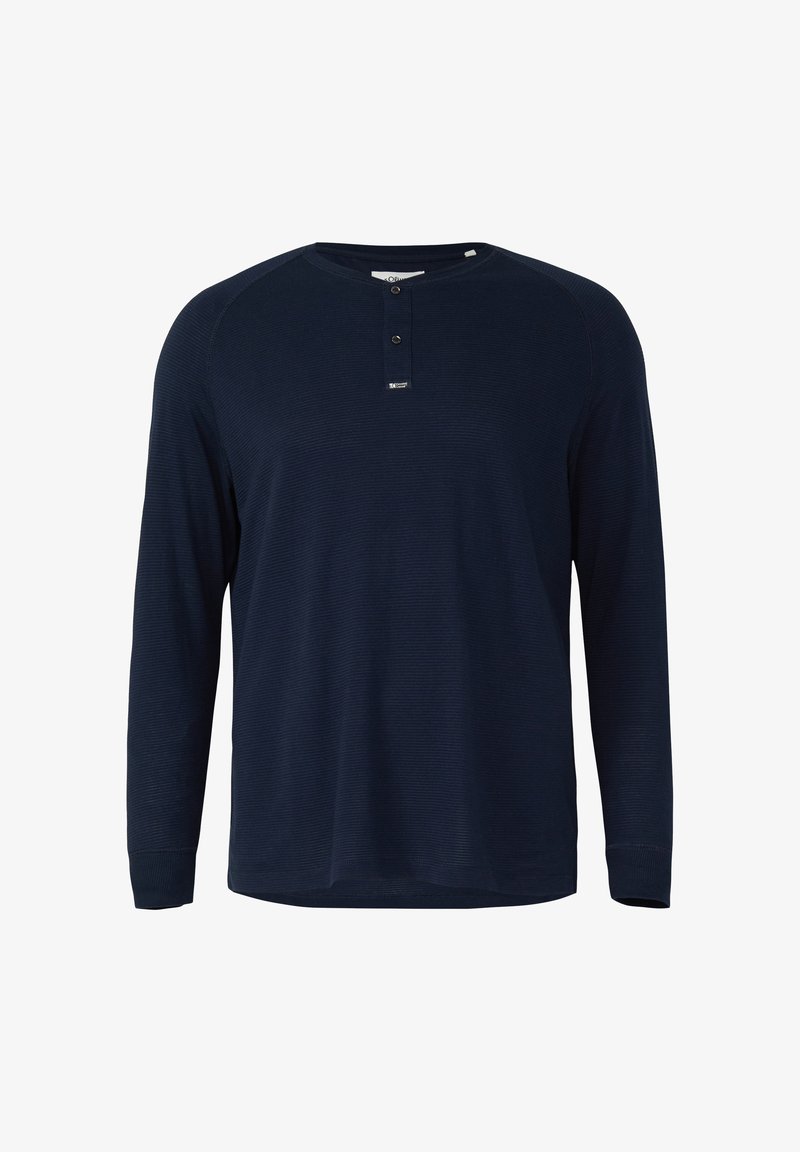 Marineblaues Henley-Shirt mit langen Ärmeln aus strukturiertem Stoff, ausgestattet mit einer Knopfleiste mit drei Knöpfen und gerippten Bündchen. Schlichtes und funktionales Design.