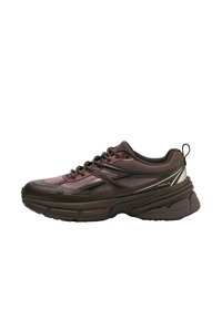 Chunky athletic shoe in dark brown and purple with mesh upper, sturdy sole, and contrasting silver accents; features lace-up design and padded collar.
