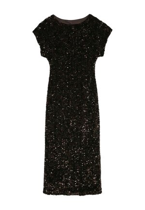Robe noire à manches courtes et longueur genou, recouverte de sequins, présentée sur un fond blanc.