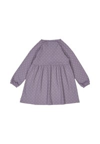 Violet pitkähihaisessa mekossa on valkoisia pilkkuja, gatherattu vyötärö ja pyöreä kaula-aukko. Pehmeä kangas on rento istuvuus ja ribbaatut hihansuut.