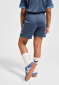 Blaue sportliche Shorts mit vertikalen Streifen und elastischem Bund, kombiniert mit weißen Socken mit schwarzen Akzenten und blauen Turnschuhen.