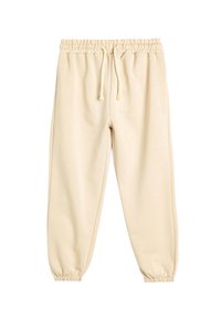 Beige sweatsuitit, jossa on joustava vyötärö, nyöri ja kapenevat hihansuut. Valmistettu pehmeästä kankaasta, jossa on sileä pinta ja yksinkertainen muotoilu.