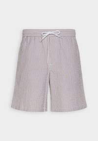Shorts de bain rayés en tissu léger, avec une taille élastique à cordon de serrage et une palette de couleurs neutres en rayures brunes et blanches.
