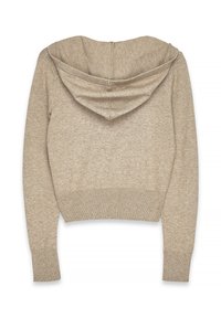 Kappad hoodie i ett ljusbeige stickat tyg. Har en dragsko i huvan och ribbade ärmslut och nederkant. Slät yta med en minimal design.