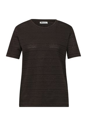 Haut en maille noir à manches courtes avec motif rayé perforé et col rond de Street One, présenté sur fond blanc.